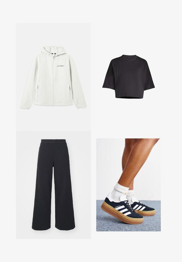 Hellgraue Kapuzenjacke mit Reißverschluss, elastischen Bündchen, zwei Seitentaschen und dem "TERREX"-Logo auf der linken Brust. Wasserabweisendes Material.; Schwarzes, cropped T-Shirt mit Rundhalsausschnitt und lockeren kurzen Ärmeln, das vertikale Satinstreifenakzente auf der linken Seite aufweist. Glatte Textur.; Schwarze weite Sweatpants aus weichem Material, mit einem elastischen Taillenbund und einem kleinen Logo auf der linken Seite.; Schwarze Wildledersneaker mit weißen Streifen und Akzenten, rundlicher Zehenbereich, Sohlen aus braunem Gummi, kombiniert mit weißen, gerippten Sneakersocken.