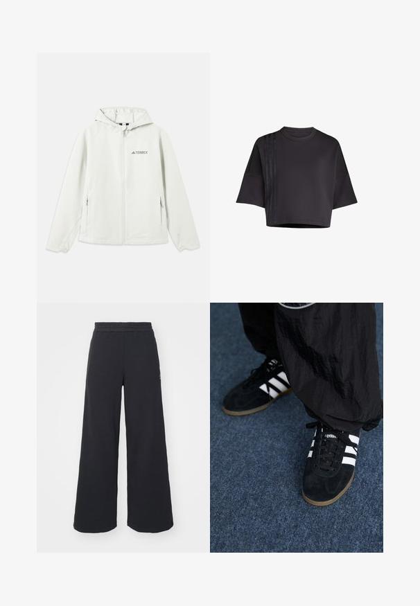 Světle šedá bunda s kapucí, na zip, s elastickými manžetami, dvěma bočními kapsami a potiskem "TERREX" na levé části hrudníku. Voděodolný materiál.; Černé zkrácené tričko s kulatým výstřihem, volnými krátkými rukávy, s vertikálními saténovými pruhy na levé straně. Hladká textura.; Černé široké tepláky vyrobené z měkké tkaniny, s elastickým pasem a malým logem na levé straně.; Černé semišové sportovní boty se třemi bílými pruhy a černými tkaničkami. Částečně viditelné vedle bot jsou texturované černé kalhoty.