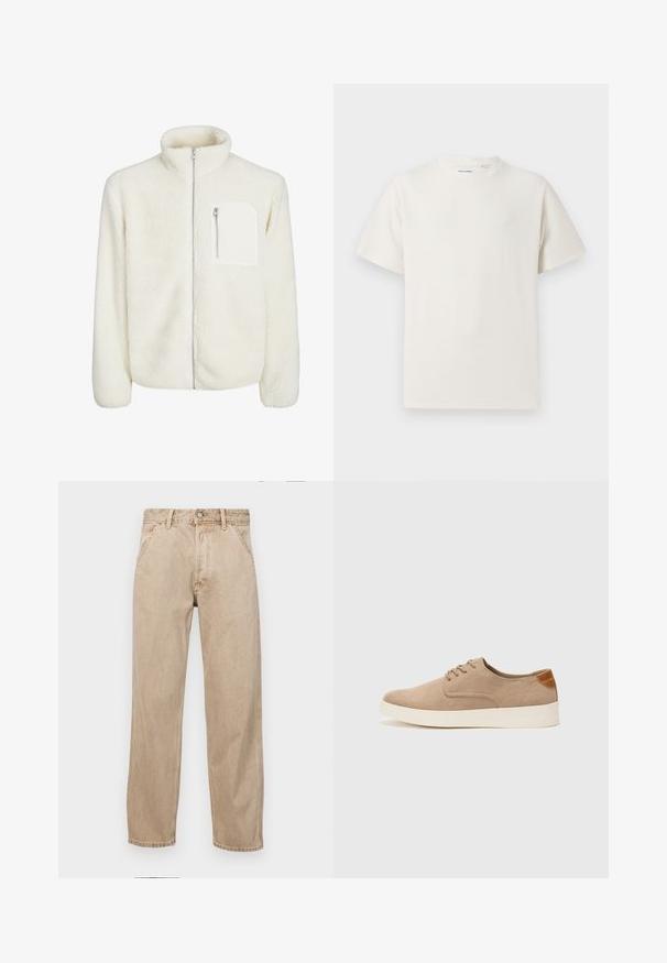Biała polarowa kurtka z wysokim kołnierzem, zamkiem błyskawicznym z przodu oraz małą kieszonką na zamek na piersi. Miękka tekstura z pluszowym wyglądem.; Biała krótka koszulka z krótkim rękawem o żebrowanej fakturze. Okrągły dekolt, luźny krój, brak widocznych wzorów lub akcentów. Prosty i uniwersalny design.; Beżowe dżinsy o prostym kroju, z przednimi kieszeniami, metalowym zapięciem na guzik i delikatną teksturą.; Beżowe zamszowe sneakersy z okrągłym noskiem, sznurowanym przodem i teksturowanym akcentem na tyle. Biała gumowa podeszwa tworzy kontrast. Prosty i nowoczesny design.