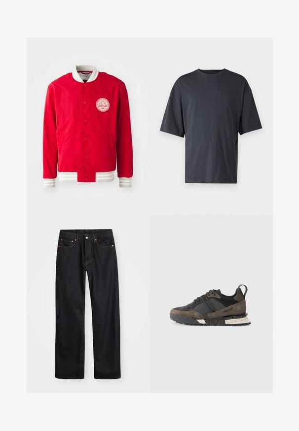 Red bomber jacket made of smooth fabric with a white logo patch, white ribbed collar, and striped cuffs. Features snap-button closure.; Dark gray short-sleeve t-shirt made of lightweight cotton, featuring a loose fit and classic crew neckline, with plain texture and no patterns.; Men’s straight-leg black denim jeans with five pockets and orange stitching, button and zip closure on front waistband.; Replay FIELD JUPITER CRAFT - Trainers - black/dark grey
