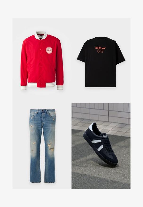 Czerwona kurtka bomberka wykonana z gładkiego materiału, z białą naszywką logo, białą prążkowaną stójką i paskami na mankietach. Posiada zapięcie na napy.; Czarna bawełniana koszulka z krótkim rękawem, okrągłym dekoltem, z centralnie umieszczonym czerwonym logo "REPLAY" oraz symbolami na piersi.; Jasnoniebieskie dżinsy o luźnym kroju, z przetarciami i postrzępionymi łatami, z klasycznym pięciopocketowym wzorem i zapięciem na guzik.; Czarne skórzane sneakersy z białymi paskami, teksturowana gumowa podeszwa i sznurowane z przodu. Posiadają metkę marki na języku.