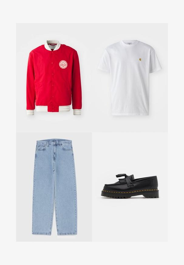 Jachetă roșie tip bomber, confecționată dintr-un material neted, cu un ecuson alb logo, guler alb cu revere și manșete cu dungi. Prezintă închidere cu nasturi tip snap.; Tricou alb din bumbac, cu mâneci scurte, gât echipat, având un mic logo auriu în zona stânga a pieptului. Textură moale și croială normală.; Jeans din denim de culoare albastru deschis, cu un design cu picioare drepte, având talie medie, cinci buzunare și un sistem de închidere cu nasture și fermoar.; Mocasini din piele neagră cu un accent ciufulit, având o talpă groasă neagră și cusături galbene pe margine. Finisaj texturat.