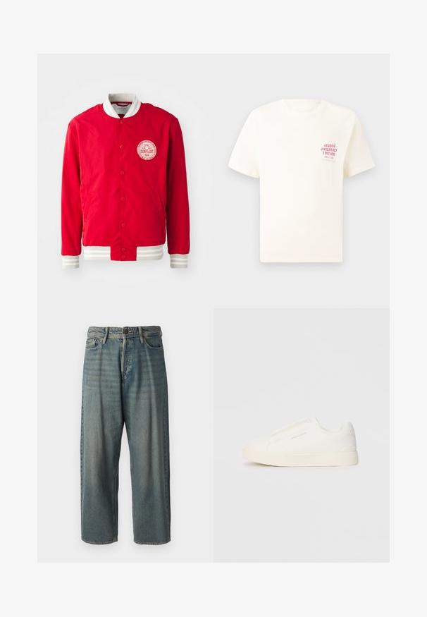 Rød bomberjakke laget av glatt stoff med en hvit logopatch, hvit ribbestrikket krage og stripete mansjetter. Har trykknapplukking.; Hvit T-skjorte med korte ermer og rød tekst "Studio Originals Edition" på venstre bryst, vist på en nøytral grå bakgrunn.; Lyseblå denimjeans med løs passform, midjehøyde og rette ben. Har fem lommer, beltehemper og knappelukking.; Hvite slip-on joggesko med teksturert overflate, tykk såle og minimalistisk design. Har merkevarelogo på siden.
