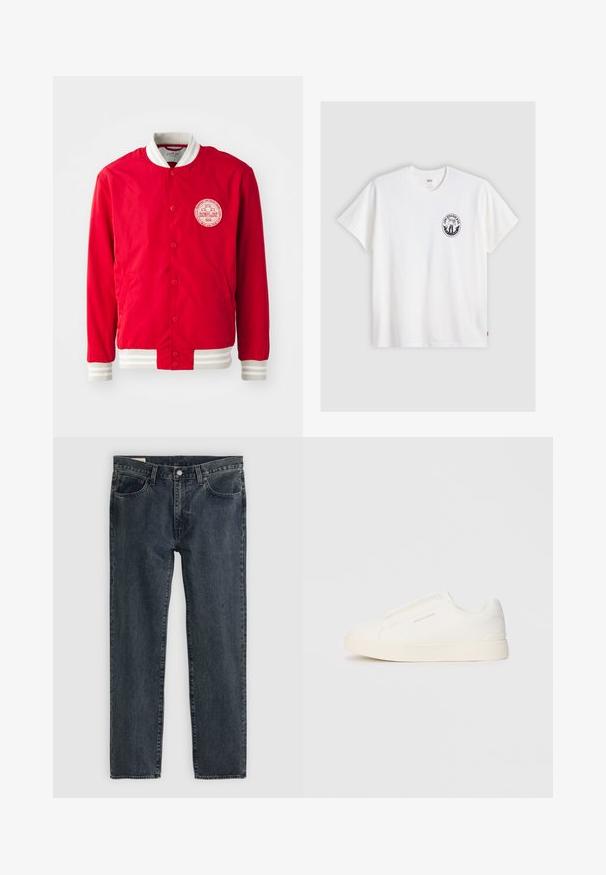 Červená bomberová bunda vyrobená z hladkej tkaniny s bielym logom na nášivke, bielym rebrovaným golierom a pruhovanými manžetami. Obsahuje zapínanie na patentky.; Biely bavlnený tričko s krátkymi rukávmi, okrúhlym výstrihom a čiernym kruhovým logom na ľavej hrudi s upraveným dizajnom.; Tmavomodré džínsy so rovnými nohavicami, piatimi vreckami a zapínaním na gombíky. Tkanina vykazuje jemné vyblednutie a textúru.; Biele slip-on tenisky s textúrovaným povrchom, hrubou podrážkou a minimalistickým dizajnom. Obsahuje logo značky na boku.