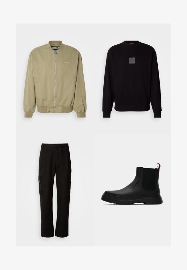 Jachetă bomber khaki cu manșete și tiv ribbate. Prezintă un fermoar frontal și detalii cu logo pe partea stângă. Fabricată dintr-un material de bumbac neted.; Hanorac negru cu mâneci lungi, decolteu rotund, logo pătrat gri pe față, textură moale și manșete și tiv ribbate.; Pantaloni cargo negri din bumbac, cu o croială lejeră, având buzunare laterale, închidere cu nasture și picioare drepte. Design simplu, fără modele.; Botine negre până la gleznă, cu un finisaj neted, panouri laterale elastice și un tab de prindere roșu contrastant, având o talpă groasă din cauciuc și vârf rotunjit.