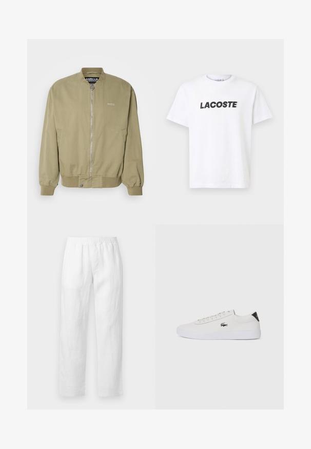 Khaki värvi bomber-jakk, millel on ribatud mansetid ja alläär. Ees on lukuga sulgemine ja logo detail vasakul poolel. Valmistatud siledast puuvillaste materjalidest.; Valge puuvillane T-särk, millel on rinnas silmapaistev must "LACOSTE" logo. Lühikesed varrukad ja ümar kaelaosa disain.; Valged linased püksid, millel on elastne vöökoht, sirge säärejoon ja pehme tekstuur, ilma nähtavate mustrite või riistvara detailideta.; Valge nahast tenniseking ümara ninaga, lukkude ja musta kontsa aktsendiga. Külgedel on väike broderi krokodilli logo.