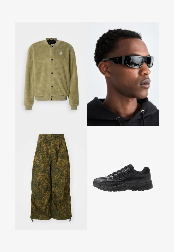 Fleecejack in olijfgroen met een gestructureerd oppervlak. Heeft een ronde hals, gestikte details en drukknoopsluiting.; Zwarte sweatshirt met lange mouwen en ronde hals, voorzien van een subtiele logo aan de voorkant en drukknoopdetails op de mouwen, gemaakt van zachte stof.; Wijdvallende broek met groene en bruine pixelachtige camouflageprint, knoopsluiting en trekkoorden aan de onderkant.; Zwarte sportschoen met een bovenwerk van mesh en synthetisch materiaal, een gestructureerd oppervlak, vetersluiting en een rubberen zool met patroon voor grip.; Zwarte zonnebril met een slank, hoekig ontwerp. Heeft een glanzend montuur en donkere getinte lenzen. Klein gouden RSF-logo aan de zijkant.