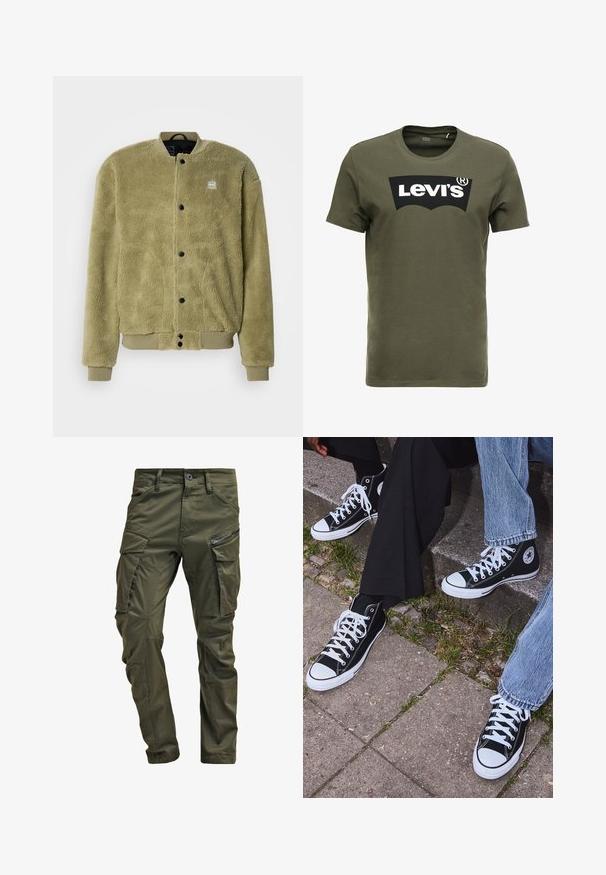 Fleecejacke in Olivgrün mit strukturierter Oberfläche. Verfügt über einen Rundhalsausschnitt, gestickte Details und Druckknöpfe zum Schließen.; Olivegrünes Baumwoll-T-Shirt mit einem großen schwarzen Levi's-Logo auf der Vorderseite. Klassischer Rundhalsausschnitt und kurze Ärmel, glatte Textur.; Olivgrüne Cargo-Hosen aus strapazierfähiger Baumwolle. Sie verfügen über mehrere Taschen, eine mit Reißverschluss versehene Seitentasche und ein tapered Bein mit einer leicht strukturierten Oberflächenbeschaffenheit.; Schwarzecanvas-Sneaker mit hohem Schaft, weißen Gummisohlen und Schnürsenkeln, die ein rundes Logo an der Seite besitzen und mit Denim- sowie schwarzen Hosen kombiniert sind.