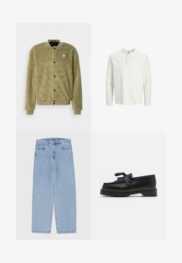 Fleece jacket in olive green with a textured surface. Features a round neck, stitched details, and snap buttons for closure.; White long-sleeve henley shirt with three buttons and a round neckline, displayed on a plain white background.; Light blue denim jeans with straight leg design, featuring a mid-rise waist, five pockets, and a button and zipper closure.; Black leather loafer with a tasseled accent, featuring a chunky black sole and yellow stitching along the edge. Textured finish.