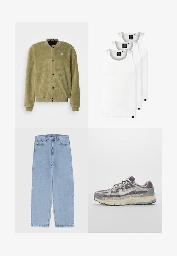 Fleece jacket in olive green with a textured surface. Features a round neck, stitched details, and snap buttons for closure.; Three white ribbed tank tops made of cotton. Features a crew neck and small black labels near the hem. Available in multiple sizes.; Light blue denim jeans with straight leg design, featuring a mid-rise waist, five pockets, and a button and zipper closure.; Gray athletic shoe featuring a mesh and suede upper, white accents, a cushioned sole, and a distinctive design with reflective elements.