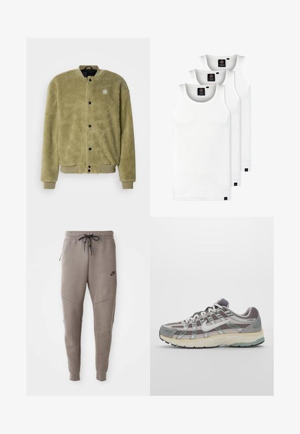 Fleecejack in olijfgroen met een gestructureerd oppervlak. Heeft een ronde hals, gestikte details en drukknoopsluiting.; Drie witte geribde tanktops van katoen. Kenmerken zijn een ronde hals en kleine zwarte labels nabij de zoom. Verkrijgbaar in meerdere maten.; Grijze Nike-sweatpants met een verstelbare tailleband, taps toelopende benen, zijzakken en opvallende naaddetails. Zachte, gestructureerde stof.; Grijze sportieve schoen met een bovenwerk van mesh en suede, witte accenten, een gevoerde zool en een onderscheidend ontwerp met reflecterende elementen.