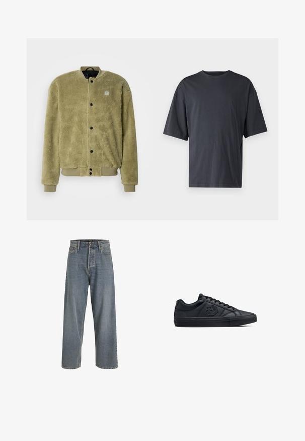 Fleece jacket in olive green with a textured surface. Features a round neck, stitched details, and snap buttons for closure.; Dark gray short-sleeve t-shirt made of lightweight cotton, featuring a loose fit and classic crew neckline, with plain texture and no patterns.; Light blue wide-leg denim jeans with a high waist, five-pocket design, and visible stitching. Soft texture with a slightly faded appearance.; Black low-top sneakers made of smooth leather with a textured rubber sole, featuring round laces and a star logo on the side.