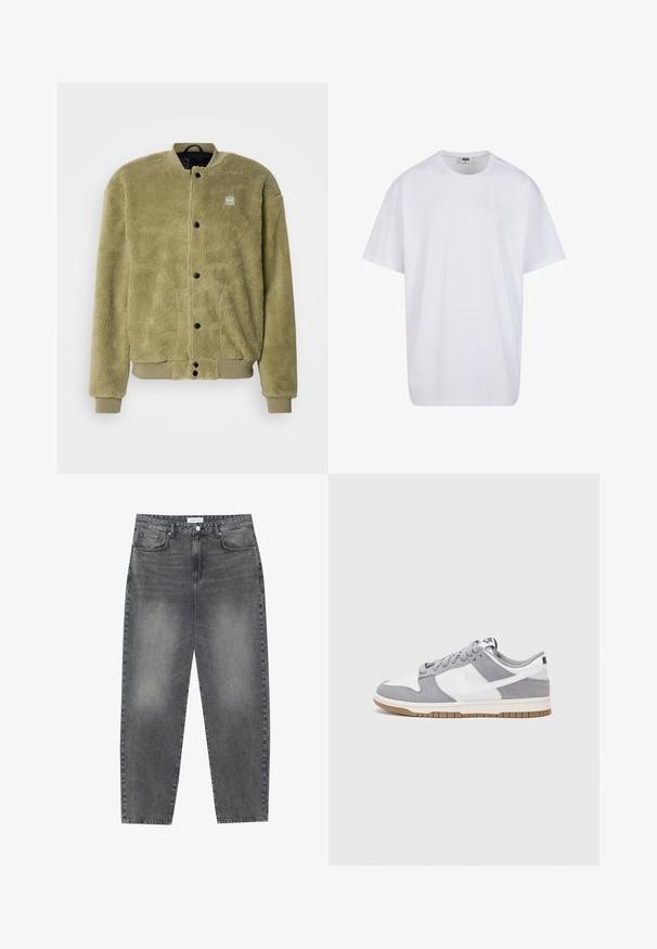 Jachetă din fleece de culoare verde măsliniu, cu o suprafață texturată. Are guler rotund, detalii cusute și capse pentru închidere.; Tricou alb din bumbac cu mâneci scurte, decolteu rotund, croială lejeră și fără logo-uri sau modele vizibile. Textură netedă și design minimalist.; Jeans cu talie înaltă, lejere, din denim negru estompat. Caracteristici: cinci buzunare, bucle pentru curea și un design curat cu picior drept.; Sneaker gri și alb, cu un superior din suede și piele, vârf rotund, șireturi plate și o talpă din cauciuc ce prezintă un accent de culoare gum.