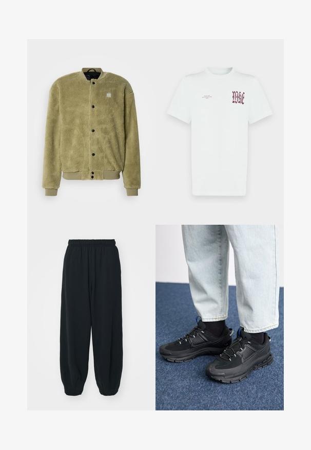 Veste en polaire vert olive avec une surface texturée. Présente un col rond, des détails cousus et des boutons-pression pour la fermeture.; T-shirt en coton blanc avec un graphique rouge "NIKE" et un texte sur le côté gauche de la poitrine. Manches courtes et col rond, texture lisse.; Pantalons de survêtement noirs avec taille élastiquée, coupe ample, chevilles côtelées, texture lisse et sans motifs ni accents matériels visibles.; Des chaussures de sport noires avec un tissu texturé et des semelles en caoutchouc, dotées de lacets élastiques et d'un accent bleu au talon. Portées avec un pantalon en denim clair.