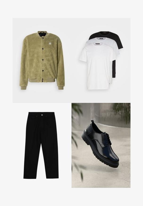 Fleece jacket in olive green with a textured surface. Features a round neck, stitched details, and snap buttons for closure.; Three crew neck t-shirts in white, light grey, and black. Made of soft cotton, featuring short sleeves and a relaxed fit.; Black denim pants featuring a straight-leg cut, five-pocket design, and a front button closure. Smooth texture with minimal stitching details.; Black leather shoe with a glossy finish, round toe, lace-up design, contrast stitching, and a thick rubber sole with tread patterns.