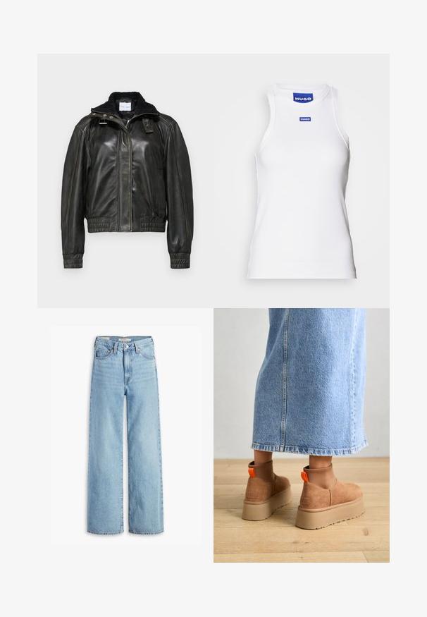 Samsøe Samsøe MEADOW - Bomber Jacket - washed black olive; White sleeveless tank top made of ribbed fabric, featuring a round neckline and a blue "HUGO" label near the collar. Smooth texture.; High-waisted, light blue wide-leg jeans with front button and zipper, belt loops, and five-pocket styling.; Brown suede platform boots with elastic side panels and orange pull tabs, paired with a knee-length light denim skirt on a wooden floor.