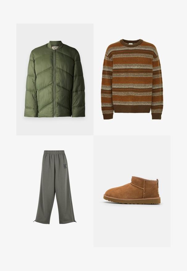 Olivgrüner Pufferjacke im Bomberstil, mit horizontalen Steppnähten und einem Reißverschluss vorne.; Solid SDMAXWELL - Strickpullover - slate black; Karl Kani KK OS SIDESTRIPE - Stoffhose - grey; Hellbraune Wildleder-Stiefelette mit runder Zehenform, dezenten Nähdetails und einer strukturierten Gummisohle. Kurze Höhe ohne Schnürsenkel.