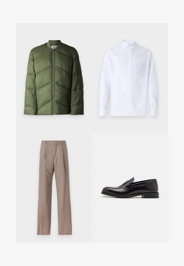 Oliwkowa kurtka puchowa w stylu bombowca, z poziomymi pikowanymi sekcjami i zapięciem na zamek z przodu.; Biała koszula z długim rękawem na guziki, wykonana z bawełny, z kieszonką na piersi z tonowym haftem, kołnierzykiem i zapięciem na guziki przy mankietach.; Brązowe, wysokiej talii spodnie wykonane z teksturowanej tkaniny. Posiadają szerokie nogawki i dwa przednie zakładki dla lepszej struktury. Starannie wykończone, bez widocznych elementów metalowych.; Czarne skórzane mokasyny o gładkiej fakturze, zaokrąglonym nosku i dekoracyjnym pasku na przodzie. Niski, warstwowy obcas, minimalistyczny design.