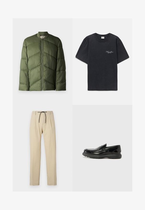 Olive green puffer jacket with a bomber style, featuring horizontal quilted sections and a front zipper closure.; Black short-sleeve crew neck t-shirt with small white "Filling Pieces" text logo on the left chest.; Beige trousers with a straight fit, featuring a drawstring waist, pleated front, and smooth texture. Simple, versatile design.; Black leather loafer with a glossy finish, rounded toe, subtle stitching details, and a thick rubber sole for durability.