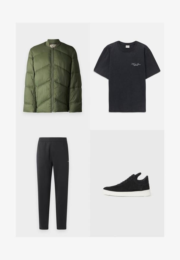 Oliivinvihreä puffatakki, jossa on pommintyyppinen muotoilu, vaakasuorat päälliset ja edessä vetoketjukiinnitys.; Mustat lyhythihaiset t-paidat, joissa on pieni valkoinen "Filling Pieces" -tekstilogo vasemmassa rinnassa.; Mustat verkkarit, jotka on valmistettu pehmeästä kankaasta. Niissä on joustava vyötärö, suorat lahkeet ja pieni logo-yksityiskohta sivulla.; Mustat mokkasiinikenkiä valkoisella kumipohjalla, jossa on sävy sävyyn ompelu ja nauhakiinnitys. Sujuva pinta ja moderni, virtaviivainen muoto.