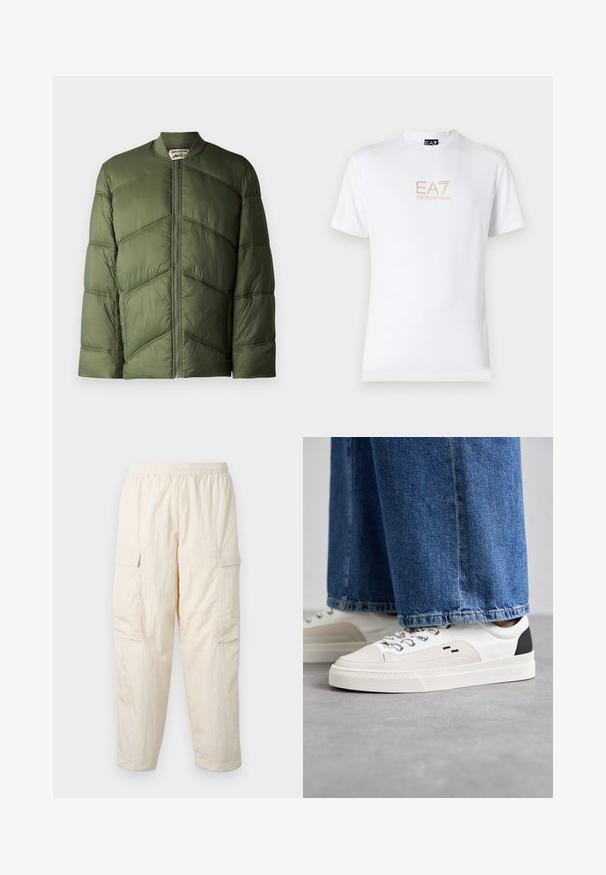 Oliivinvihreä puffatakki, jossa on pommintyyppinen muotoilu, vaakasuorat päälliset ja edessä vetoketjukiinnitys.; Valkoinen puuvillapaita, jossa on pyöreä kaula-aukko ja lyhyet hihansuut. Paidassa on etupuolella kultainen EA7 Emporio Armani -logo.; Beige cargo-housut, joissa on joustava vyötärö, kahdella sivutaskulla ja pehmeä, kevyt kangas. Ryppyinen pinta.; Valkoiset ja mustat tennarit, joissa on sileä nahkapäällinen, tekstuuriakcentit ja paksu valkoinen pohja. Varustettu klassisella nauhakiinnityksellä.