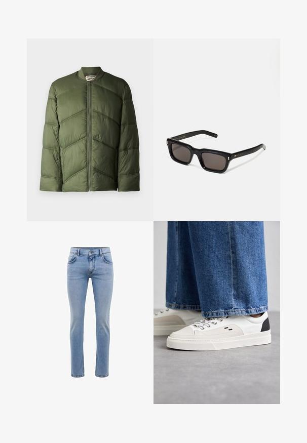 Olivgrüner Pufferjacke im Bomberstil, mit horizontalen Steppnähten und einem Reißverschluss vorne.; Weißes T-Shirt mit kurzen Ärmeln aus Baumwollstoff und rundem Halsausschnitt. Schlichtes Design ohne Muster oder Akzente. Glatte Textur.; Hellblaue, slim-fit Jeans aus Denim mit fünf Taschen und geradem Bein. Mit Reißverschluss und Gürtelschlaufen ausgestattet. Weicher Stoff.; Weiße und schwarze Sneaker mit einem Obermaterial aus glattem Leder, strukturierten Akzenten und einer massiven weißen Sohle. Verfügt über ein klassisches Schnürdesign.; Schwarze rechteckige Sonnenbrille mit dunklen Gläsern, dickem Kunststoffrahmen, goldenen Akzenten an den Bügeln und eingraviertem Markenlogo am Arm.