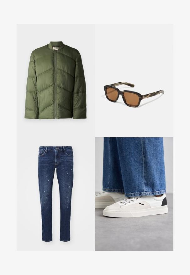 Veste rembourrée vert olive de style bomber, avec des sections matelassées horizontales et une fermeture éclair à l'avant.; Icecream JUMBO RUNNING DOG - T-shirt imprimé - black; Jean en denim bleu foncé avec une coupe slim, ornés de éclaboussures de peinture, de coutures visibles et d'un design standard à cinq poches. Coupe jambe droite.; Baskets blanches et noires avec une tige en cuir lisse, des accents texturés et une semelle épaisse blanche. Présentent un design classique à lacets.; Lunettes de soleil en plastique avec un motif écaille, verres bruns octogonaux et accents fins en métal doré sur la monture.