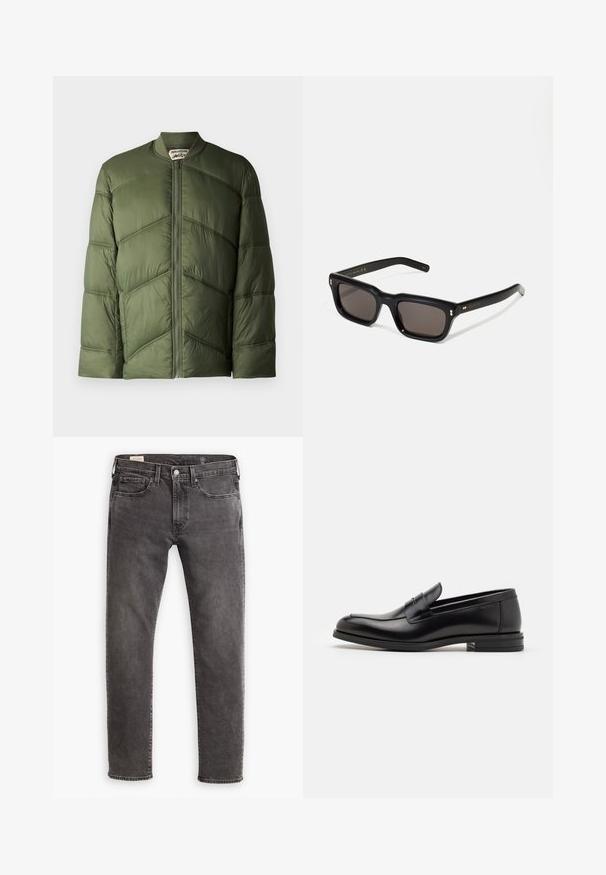 Olivgrüner Pufferjacke im Bomberstil, mit horizontalen Steppnähten und einem Reißverschluss vorne.; Langärmliges, weißes T-Shirt aus weicher Baumwolle. Rundhalsausschnitt mit geraden Saumabschlüssen und ohne sichtbare Muster oder Grafiken.; Graue Jeans aus Denim mit geradem Schnitt, fünf Taschen-Design und Knopfleiste. Besitzt dezente Ausbleichungen und tonal abgestimmte Nähte.; Schwarze Lederloafers mit glatter Textur, rundem Zehenbereich und einem dekorativen Riemen über dem Vorderfuß. Niedriger, gestapelter Absatz, minimalistisches Design.; Schwarze rechteckige Sonnenbrille mit dunklen Gläsern, dickem Kunststoffrahmen, goldenen Akzenten an den Bügeln und eingraviertem Markenlogo am Arm.