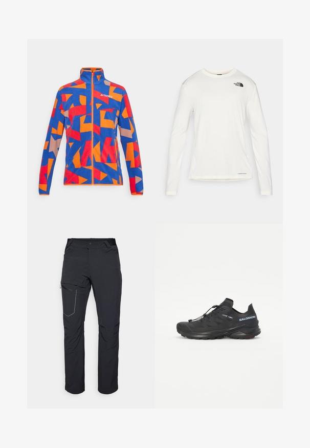 Kék polárdzseki absztrakt mintával piros, narancssárga és bézs színekben. Magas nyakkal és teljes zipzáras záródással rendelkezik. Márka logó a mellkason.; Fehér, hosszú ujjú póló kerek nyakkal, textúrált anyagból, fekete logóval a bal vállon, és diszkrét márkajelzéssel az alján.; Fekete kültéri nadrág, cipzáras combzsebbel, rugalmas derékrésszel és sima, vízlepergető szövettel. Tiszta dizájn, látható logók nélkül.; Fekete terepfutó cipő textúrált felsőrésszel, rugalmas fűzőkkel és Contagrip talppal. Kiemelkedő illeszkedés és védő orrborítás jellemzi.