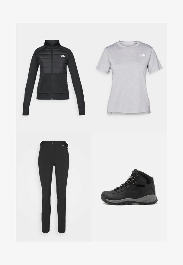 Juodas švarkas su išsiuvinėjimais viršuje, užtrauktuku priekyje, aukšta apykakle ir ilgomis rankovėmis su raštuotais rankogaliais. Logotipas ant krūtinės.; Pilkas trumpomis rankovėmis marškinėliai, pagaminti iš minkštos, drėgmę sugeriančios medžiagos. Turi apvalią iškirptę ir mažą baltą logotipą viršutiniame kairiajame kampe.; Juodos, prigludusios kelnės, pagamintos iš lankstaus medžiagos. Ypatybės: šoninis kišenės užtrauktuku, suformuotos kelių sritys ir lygi tekstūra.; Juodas žygio botas su vidutinio aukščio dizainu, pasižymintis tekstūruota viršutine dalimi, pilkų akcentų ir patvaria guma padanga su sukibimo gumbais.