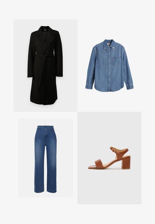 Svart kåpe laget av ullblandingsmateriale, med notched krage, lange ermer og et matchende belte i midjen. Glatt tekstur, kne-lengde design.; Lyseblå denimskjorte med lange ermer, spiss krage, to brystlommer og kontrasterende søm. Har et vestlig stil yoke-design.; Høyt midje denimjeans i middels blå. Har knappedetaljer foran og bred benstil. Stoffet har en glatt tekstur med lett falming.; Brune lærhelsandal med firkantet tær, justerbar ankelrem og blokkhæl. Glatt tekstur og minimale designfunksjoner.