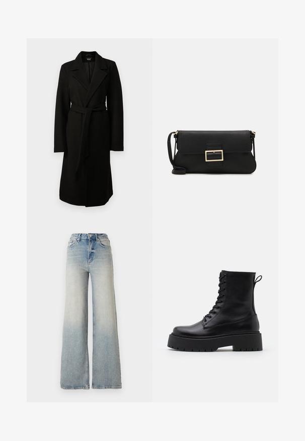 Cappotto nero realizzato in misto lana, con collo a revers, maniche lunghe e una cintura coordinata in vita. Tessuto liscio, design fino al ginocchio.; Maglietta nera a maniche lunghe realizzata in tessuto liscio, con scollatura rotonda e dettagli arricciati sulle spalle e sui polsini.; Jeans ampi di colore blu chiaro in denim, con vita alta, cinque tasche e cuciture visibili lungo le cuciture.; Stivaletti in pelle nera alla caviglia con punta rotonda, lace-up frontale e suola in gomma spessa con battistrada textured. Tassello sul retro.; Borsa a mano in pelle nera con patta e dettaglio in metallo dorato. Include una tracolla nera e un design elegante e minimalista.; Orecchini a cerchio color oro, sottili e rotondi, con una finitura metallica liscia e senza decorazioni o motivi.