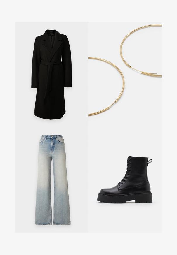 Black coat made of wool blend, featuring a notched lapel, long sleeves, and a matching belt at the waist. Smooth texture, knee-length design.; Black long-sleeve top made of smooth fabric, featuring a round neckline and gathered details at the shoulders and cuffs.; Light blue wide-leg jeans made of denim, featuring a high waist, five pockets, and visible stitching along the seams.; Black leather ankle boots with a round toe, lace-up front, and a thick rubber sole featuring a textured tread. Pull tab at the back.; Gold-colored hoop earrings, thin and round in shape, with a smooth metallic finish and no embellishments or patterns.