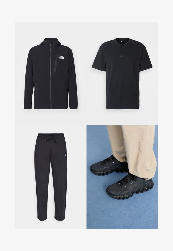 Schwarze Softshelljacke mit Frontreißverschluss, hohem Kragen und Brusttasche; verfügt über ein Logo auf der linken Seite und strukturierter Stoff.; Schwarzes Baumwoll-T-Shirt von Nike mit klassischem Rundhalsausschnitt, kurzen Ärmeln und einem dezenten, geprägten Logo auf der Brust. Glatte Textur.; Schwarze Sweatpants aus weichem Stoff mit elastischem Bund, Kordelzug und kleinem Nike-Logo auf dem linken Oberschenkel.; Schwarze Sportschuhe mit einer strukturierten Oberfläche, gewölbter Sohle und auffälligen Luftpolstern an der Unterseite. Verfügt über Schnürsenkel und reflektierende Akzente.