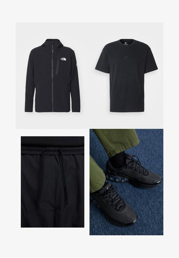 Giacca softshell nera con zip frontale, colletto alto e tasca sul petto; presenta un logo sul lato sinistro e un tessuto testurizzato.; T-shirt in cotone nero della Nike con collo rotondo classico, maniche corte e un logo in rilievo discreto sul petto. Texture liscia.; Shorts neri con vita regolabile tramite coulisse, tessuto leggero con una texture liscia e un design semplice senza loghi o motivi visibili.; Scarpe da ginnastica nere con tomaia in rete, superficie testurizzata e pod di ammortizzazione visibili. Abbinate a pantaloni verde oliva e calzini neri.