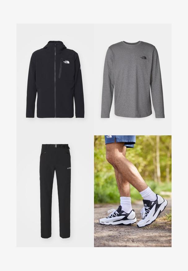 Black softshell jacket with a zip front, high collar, and chest pocket; features a logo on the left side and textured fabric.; The North Face M L/S SIMPLE DOME TEE - Long sleeved top - medium grey heather; Black outdoor pants with a smooth fabric, side zip pockets, reinforced knee sections, and an adjustable waistband featuring a buckle.; Black and white athletic shoes with mesh upper, textured accents, and white laces. Worn with white ankle socks and navy shorts on a path.