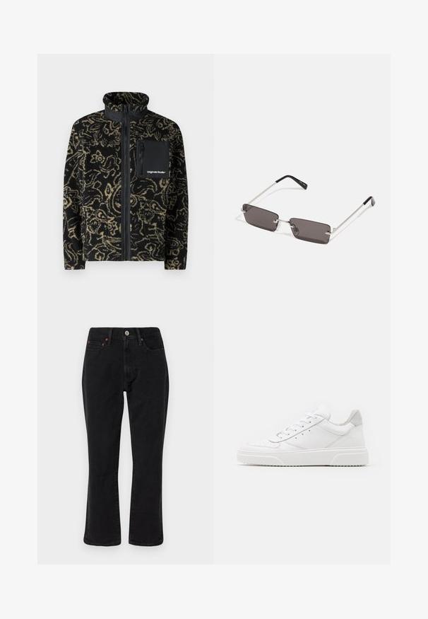 Jack & Jones JORVESTERBRO czarny; Czarna i szara kurtka w kratę z kołnierzykiem, zapinana na guziki, z dwiema kieszeniami na piersi. Wykonana z fakturowanej tkaniny.; Czarne dżinsy o prostym kroju, pięć kieszeni, metalowe elementy wykończenia w miedzianym kolorze. Gładka tekstura i średni stan.; Białe skórzane trampki o gładkim wykończeniu, zaokrąglonym nosku, płaskich sznurówkach i teksturowanej podeszwie. Szary zamszowy akcent na pięcie.; Okulary przeciwsłoneczne z prostokątnymi, ciemnoszarymi soczewkami, srebrnymi metalowymi ramkami i czarnymi plastikowymi zakończeniami na zausznikach. Lekka konstrukcja z poduszkami nosowymi.