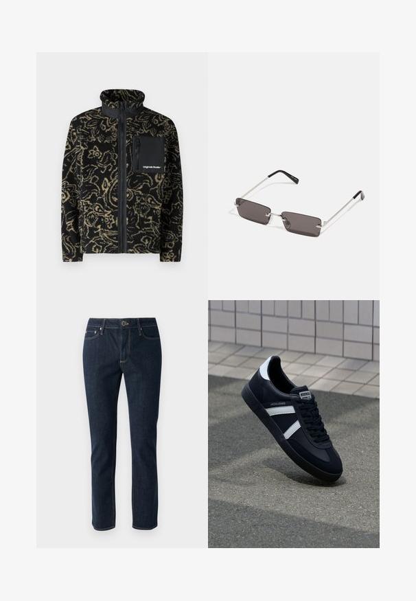 Jack & Jones JORVESTERBRO - Fliisjakk - black; Valge puuvillane T-särk, millel on lühikesed varrukad, ümmargune kaelus ja esiküljel punane graafiline tekst "MAITSVA KONDISIOONIGA PUUVILI".; Tumed sinine denim teksad otsejoone disainiga, millel on nupuga sulg, viis taskut ja kontrastsed õmblused. Sile tekstuur.; Must have musta sneaker musta valgete triipudega, tekstuurne kummitald ja nööridega esiosa. Omab bränditud märki keele peal.; Kübarid, millel on ristkülikukujulised, tumedhalli värvi läätsed, hõbedased metallraamid ja mustad plastotsad käeotsades. Kerge disain koos nina padjadega.