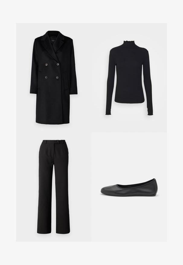 Manteau noir croisé avec des revers marqués, deux boutons et poches latérales. Fabriqué en tissu texturé, avec une coupe droite et des manches longues.; Haut à manches longues noir en col roulé, fabriqué en tissu lisse, présentant un col volanté et une silhouette ajustée avec des bords simples.; Pantalons noirs en tissu lisse, avec une coupe droite, des plis avant et une fermeture à un bouton à la taille.; Ballerines en cuir noir avec un bout rond, texture lisse, détails de couture minimalistes et design de semelle flexible.
