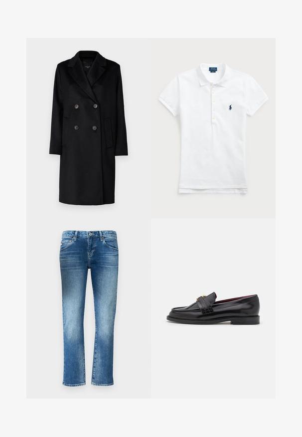 Schwarzer doppeltknöpfbarer Mantel mit scharfen Revers, zwei Knöpfen und Seitentaschen. Hergestellt aus einem strukturierten Stoff, mit gerader Passform und langen Ärmeln.; Weißes Baumwoll-Polohemd mit klassischem Kragen, kurzen Ärmeln und einem dunkelblauen gestickten Logo auf der linken Brust. Fünf-Knopf-Leiste.; Hellblaue Jeans aus Denim mit geradem Bein, subtiler Ausbleichung und mittelhoher Taille. Verfügt über fünf Taschen und Gürtelschlaufen.; Schwarze Lederloafers mit einem gestickten Muster, glatter Textur, goldenen Schnallendetails und einer runden Zehenform, auf einer niedrigen schwarzen Sohle.