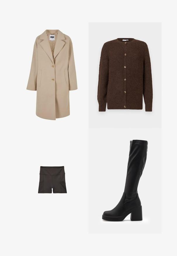 Beige Wollmischungsjacke mit Reverskragen, zwei Knöpfen, Seitentaschen und lockerer Passform. Verfügt über eine glatte, strukturierte Oberfläche.; Brauner strukturierter Strickcardigan mit rundem Ausschnitt und sechs Knöpfen auf der Vorderseite, langen Ärmeln und gerippten Bündchen.; Zwei langärmelige Rollkragenoberteile, eines weiß und eines schwarz, aus einem glatten, dehnbaren Stoff, beide mit schmalem Schnitt und hohem Kragen.; Schwarze Sportshorts mit glatter Textur, hohem Bund und zwei Seitentaschen, ausgestattet mit Flachnähten für erhöhten Tragekomfort.; Schwarze knielange Stiefel aus glattem Synthetikmaterial mit einem dicken Blockabsatz und einem schlanken Design mit elastischem oberen Rand.