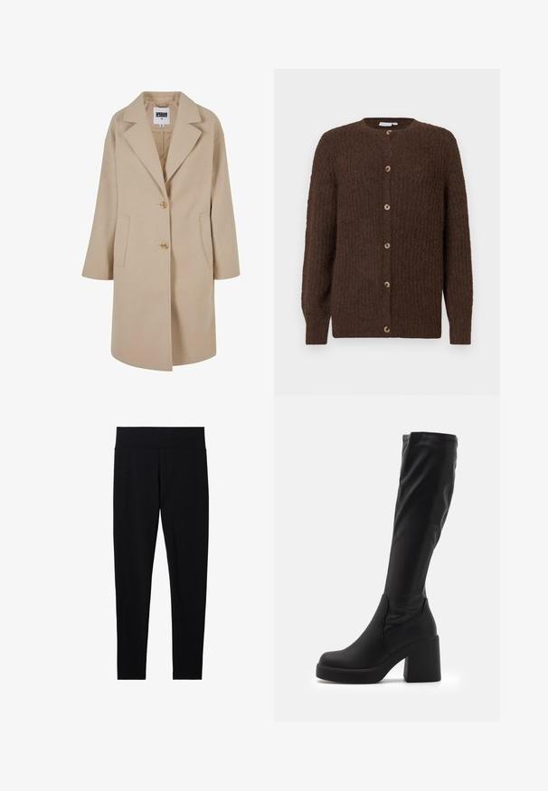 Beige kabát z vlněné směsi s klopový límcem, dvěma knoflíky, bočními kapsami a volným střihem. K dispozici s hladkým, texturovaným povrchem.; Hnědý texturovaný pletený kardigan s kulatým výstřihem a šesti knoflíky vpředu, dlouhými rukávy a žebrovanými manžetami.; Dvě dlouhé rolákové topy, jeden bílý a jeden černý, vyrobené z hladkého, elastického materiálu, oba s přiléhavým střihem a vysokými límci.; Černé elastické legíny s širokým, měkkým pasem, s hladkým povrchem a přiléhavým střihem, vhodné pro různé aktivity.; Černé vysoké kozačky vyrobené z hladkého syntetického materiálu, s širokým blokovým podpatkem a elegantním designem s elastickým vrškem.