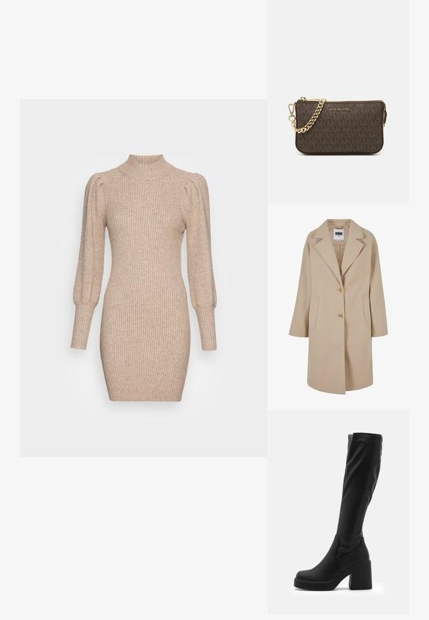 Bežový kabát z vlnenej zmesi s klopovým golierom, dvoma gombíkmi, bočnými vreckami a voľným strihom. Má hladký, textúrovaný povrch.; Pletené šaty v béžovej farbe s rebrovanou textúrou, vysokým golierom a vypchávanými rukávmi. Úzky strih s krátkym lemom.; Čierne vysoké čižmy vyrobené z hladkého syntetického materiálu, s hrubým blokovým podpätkom a štíhlym dizajnom s elastickým vrcholom.; Hnedá kožená crossbody taška s logom, zlatým reťazcom, zipsovým uzáverom a zlatými prvkami. Kompaktnej a obdĺžnikovej forme.