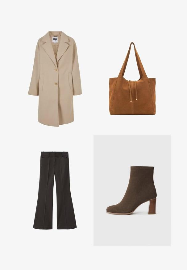 Beige wollen blend jas met een ingesneden kraag, twee knopen, zijzakken en een losse pasvorm. Beschikt over een gladde, textuurachtige afwerking.; Bruine gebreide trui met een ronde halslijn, verlaagde schouders en geribbelde boorden. Zachte textuur, cropped ontwerp en losse pasvorm.; Zwarte flared broek met een hoge taille; beschikt over twee voorkeurszakken en een gladde stoftextuur. Geschikt voor verschillende gelegenheden.; Bruine suède enkellaars met een ronde neus en een gestapelde, gestructureerde hak. Glad exterieur zonder zichtbare sluitingen of versieringen.; Bruine suède schoudertas met twee lange hengsels, trekkoordsluiting en minimalistisch ontwerp. Gladde textuur en geen zichtbare hardware-accenten.