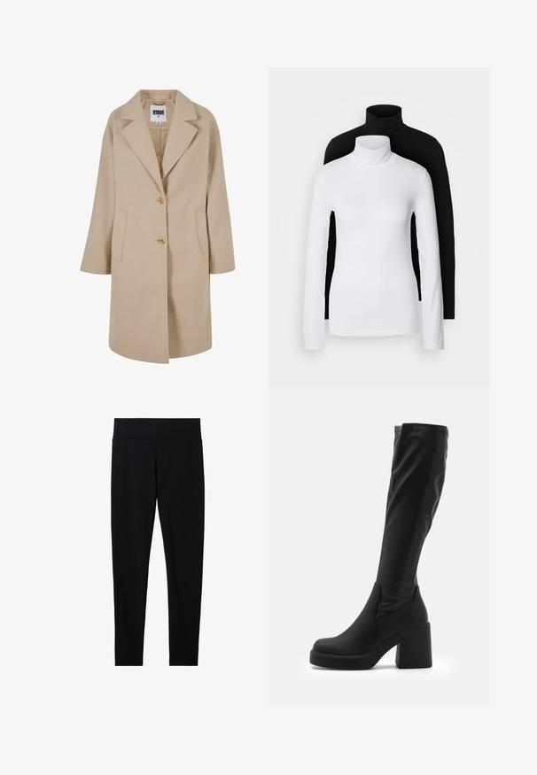 Abrigo de mezcla de lana beige con cuello de muesca, dos botones, bolsillos laterales y un corte holgado. Presenta un acabado suave y texturizado.; Dos camisetas de manga larga de cuello alto, una blanca y otra negra, hechas de una tela suave y elástica, ambas con un diseño ajustado y cuellos altos.; Mallas negras elásticas con una cinturilla ancha y suave, que cuentan con una textura lisa y un corte entallado, adecuadas para diversas actividades.; Botas negras hasta la rodilla, elaboradas en material sintético liso, con un grueso tacón cuadrado y un diseño aerodinámico con parte superior elasticada.