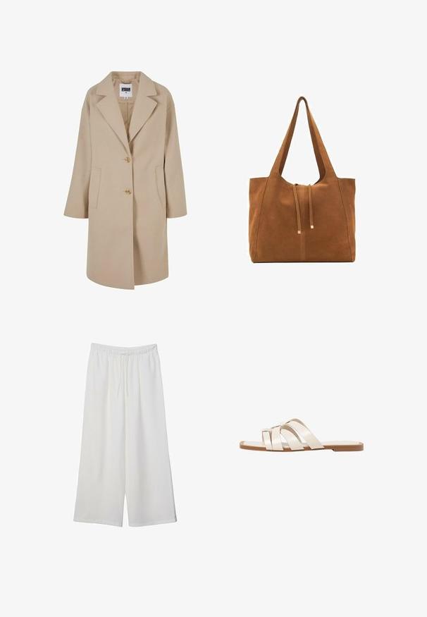 Bežový kabát z vlnenej zmesi s klopovým golierom, dvoma gombíkmi, bočnými vreckami a voľným strihom. Má hladký, textúrovaný povrch.; Biele tričko vyrobené z mäkkého, ľahkého materiálu. Má okrúhly výstrih a krátke, široké rukávy s uvoľneným strihom. Bez viditeľných vzorov.; Biele široké nohavice z ľahkého materiálu s elastickým pásom a šnúrkou na nastavenie veľkosti. Hladká textúra.; Ploché sandále s hnedou gumovou podrážkou, navrhnuté s tromi prekrývajúcimi sa bielymi koženými popruhmi a malou mašličkou uprostred.; Hnedá semišová taška cez rameno s dvoma dlhými popruhmi, sťahovacou šnúrkou a minimalistickým dizajnom. Hladký povrch a žiadne viditeľné kovové doplnky.