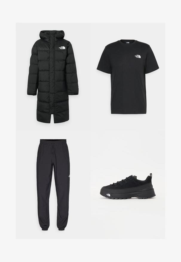 Fekete kapucnis steppelt dzseki, amelyen a mellkason logó látható, párnázott részekkel és hosszú ujjakkal. Az anyag sima és jól szigetelt.; Fekete pamut póló, rövid ujjú, kerek nyakkivágással és egy kis fehér logóval a bal mellrészen. Egyszerű dizájn, sima textúra és laza fazon.; Fekete sportnadrág, könnyű anyagból készült, húzózsinóros derékkal, oldalsó zsebekkel és szűkített szárakkal a bokáknál.; Fekete kültéri sneaker velúr felsőrésszel, texturált gumitalppal és strapabíró fűzőrendszerrel. Megerősített sarkú és oldalán márkalogóval rendelkezik.