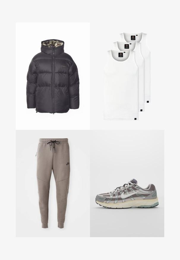 Zwarte pufferjack met een ritssluiting aan de voorkant, grote capuchon en zijzakken. Het interieur heeft een camouflagepatroon. Gemaakt van gequilt, geïsoleerd materiaal.; Drie witte geribde tanktops van katoen. Kenmerken zijn een ronde hals en kleine zwarte labels nabij de zoom. Verkrijgbaar in meerdere maten.; Grijze Nike-sweatpants met een verstelbare tailleband, taps toelopende benen, zijzakken en opvallende naaddetails. Zachte, gestructureerde stof.; Grijze sportieve schoen met een bovenwerk van mesh en suede, witte accenten, een gevoerde zool en een onderscheidend ontwerp met reflecterende elementen.