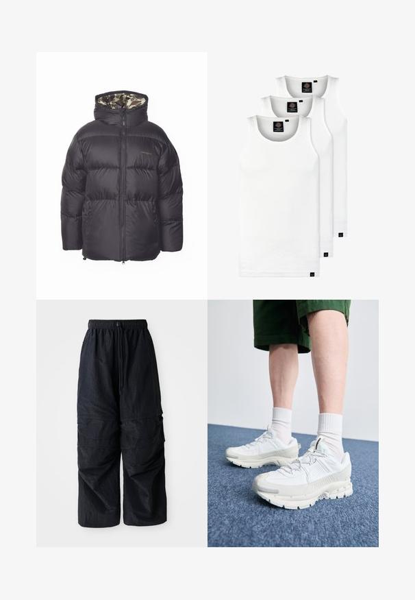 Jachetă puffer neagră cu fermoar frontal, glugă mare și buzunare laterale. Interiorul prezintă un model de camuflaj. Fabricată din material căptușit și izolat.; Trei maieuri albe ribbate din bumbac. Au un guler rotund și etichete negre mici lângă tiv. Disponibile în mai multe mărimi.; Pantaloni cargo negri, ușori, din nailon, cu talie elastică, șnur ajustabil și multiple buzunare stratificate pe picioare.; Pantofi sport albi cu suprapuneri texturate, talpă masivă și accente gri. Purtați cu șosete albe până la glezne și pantaloni scurți verzi pe o suprafață albastră.