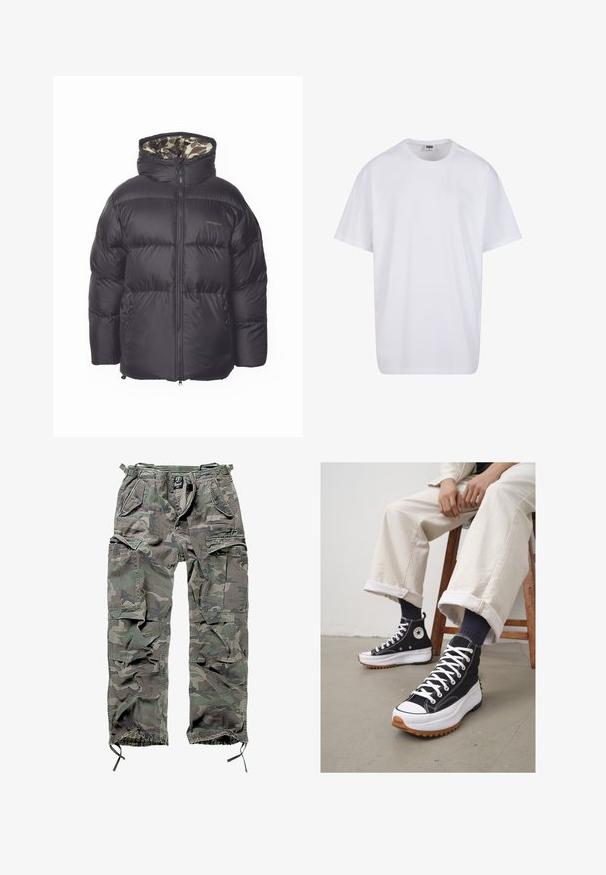 Melna pūkaina jaka ar rāvējslēdzēja priekšu, lielu kapuci un sānu kabatām. Iekšpusei ir kamuflāžas raksts. Izgatavota no quilted, izolējoša materiāla.; Balta kokvilnas T-kreklu ar īsām piedurknēm, apaļu kakla izgriezumu, brīvu piegriezumu un bez redzamām logo vai rakstiem. Gluda tekstūra un minimālistisks dizains.; Kamikaze krūšu bikses zaļā un pelēkā krāsā, ar vairākiem kabatām, elastīgu jostasvietu, regulējamiem potīšu galviņām un brīvu piegriezumu.; Augstie melnie sporta apavi ar baltām auklām un gumiju purngalā. Bieza balta zole ar strukturētu brūnu ārējo zoli, valkāti ar zilām svītrainām zeķēm.